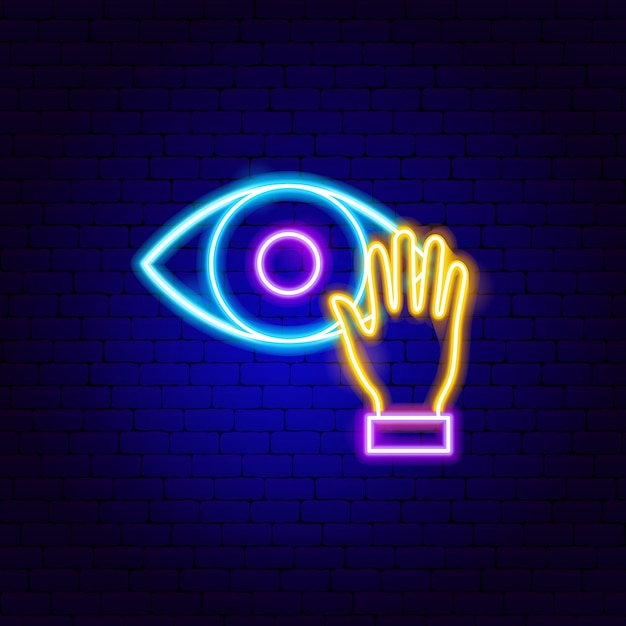 Touch Eye Neon Sign. Vector Illustration of Medical Promotion.