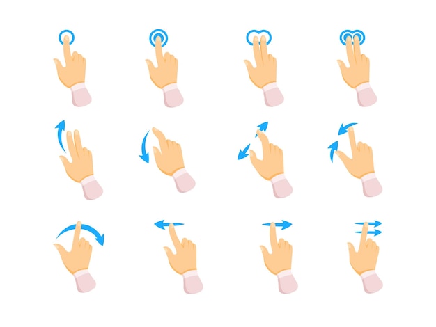 Vector touch screen hand gestures set like swipe scroll and pinch