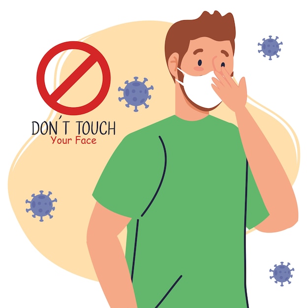 Do not touch your face, man wearing face mask, avoid touching your face, coronavirus covid19 prevention