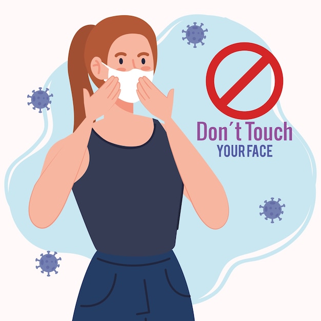 Do not touch your face, young woman using face mask, avoid touching your face, coronavirus covid19 prevention