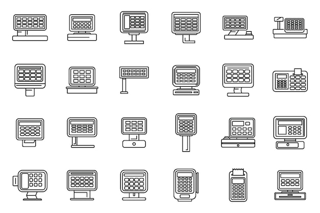 Touchscreen cash register icons set outline vector Self sale Service cash