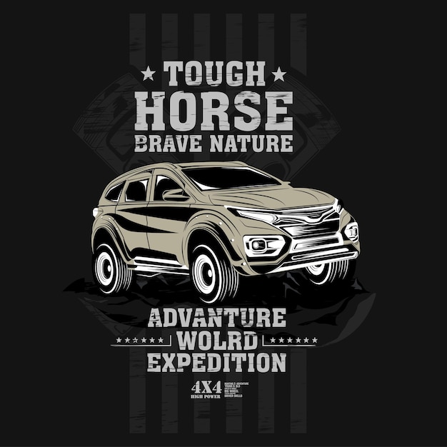 Tough horse drave nature, four wheel drive offroad car illustration