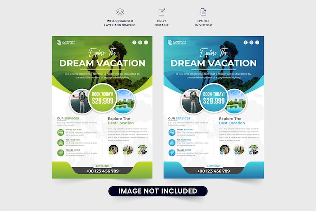 Tour group advertisement template design with green and blue colors Modern travel agency promotional flyer vector for marketing Vacation planner business leaflet design with photo placeholders