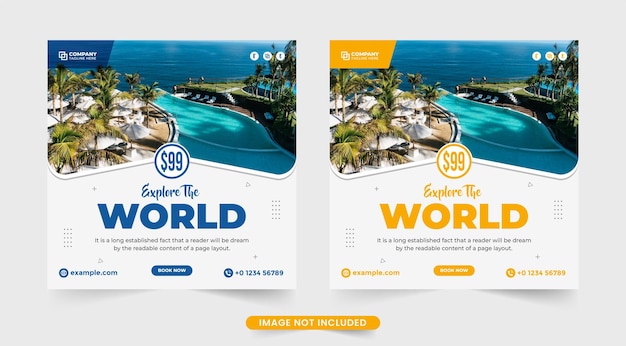 Tour and travel social media ad banner vector with yellow and blue text effects Family vacation planner and travel agency promotion flyer template Touring group advertisement with discount offer