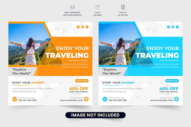 Tour and trip planner agency business promotion template for social media marketing Travel agency advertisement web banner vector with creative shapes Vacation trip social media post design