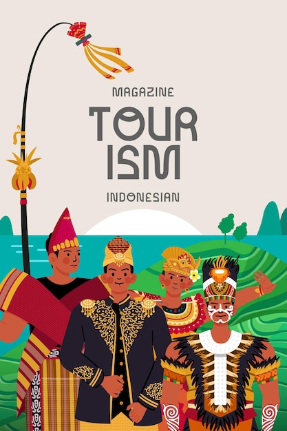 Tourism Book Cover illustration with Indonesian traditional wedding dress flat style