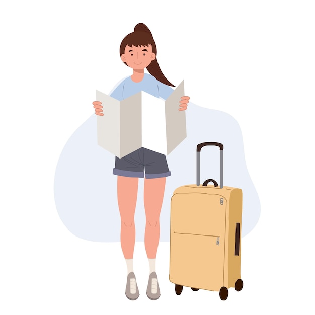 Tourism conceptadventure tourismfemale traveler with luggage is using a mapFlat cartoon character vector illustration