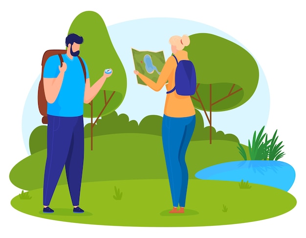 Tourism. Man with compass, woman with map focus on terrain. Cartoon style, 