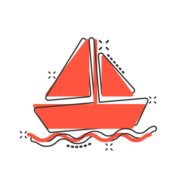 Tourism ship icon in comic style Fishing boat cartoon vector illustration on white isolated background Tanker destination splash effect business concept