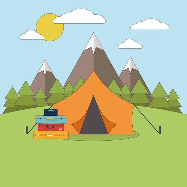 Tourism. Tent with suitcases on nature.Vector illustration