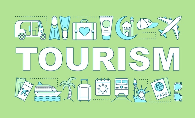 Tourism word concepts banner. Summer vacation. Resort. Trip, adventure, journey. Presentation, website. Isolated lettering typography idea with linear icons. Vector outline illustration