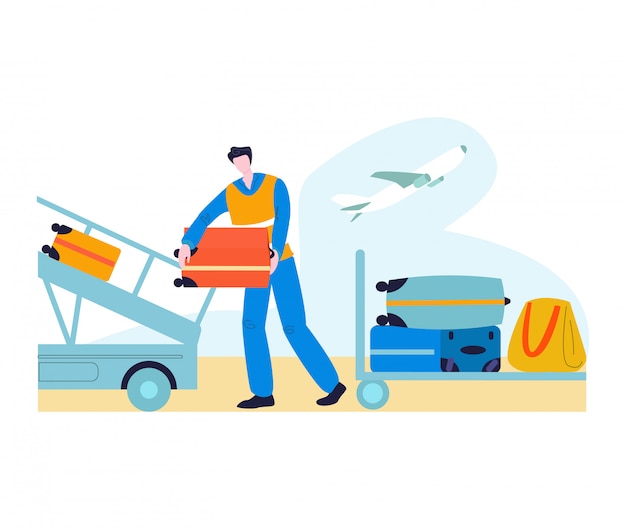 Tourist in airport with baggage traveling, journey flat   illustration. Man pushing luggage suitcases on trolley at the airport.