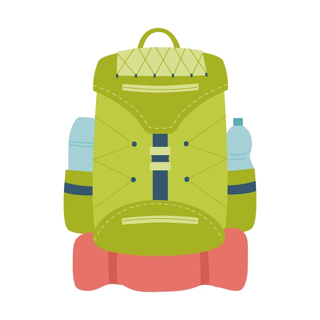 Tourist backpack with thermos bottle and travel mat Equipment for fishing tourism travel camping hiking Flat vector illustration isolated on a white background