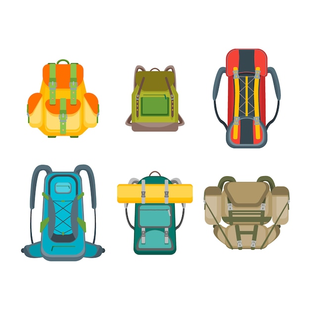 Vector tourist camping backpack set. hiking bag collection. flat design