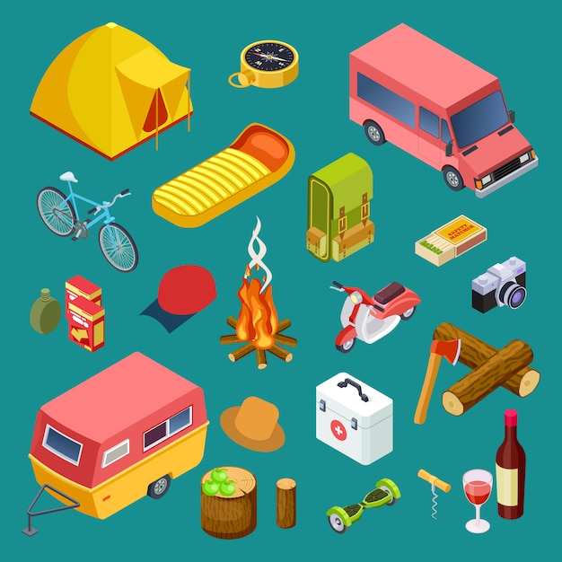 Tourist equipment, camping cars, snack and rest accessorises isometric  collection