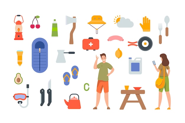 Tourist equipment and hiking accessories on white background. Camping elements kit for outdoor adventure. Flat vector icons collection on white background. Sleeping bag, axe, oil lamp, first aid