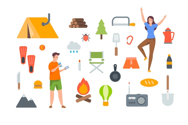 Tourist equipment and hiking accessories on white background. Camping elements kit for outdoor adventure. Flat vector icons collection on white background. Tent, fire wood, radio, folding chair, food