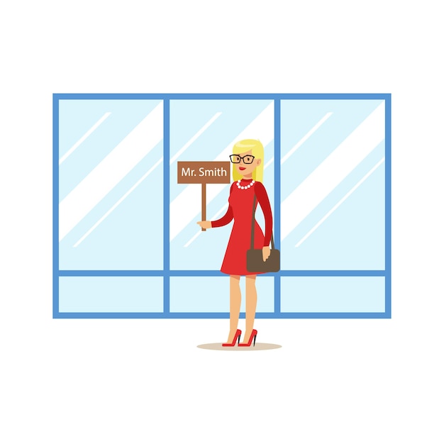 Tourist Guide With Name Sign Waiting For Guest Arrival Part Of Airport And Air Travel Related Scenes Series Of Vector Illustrations