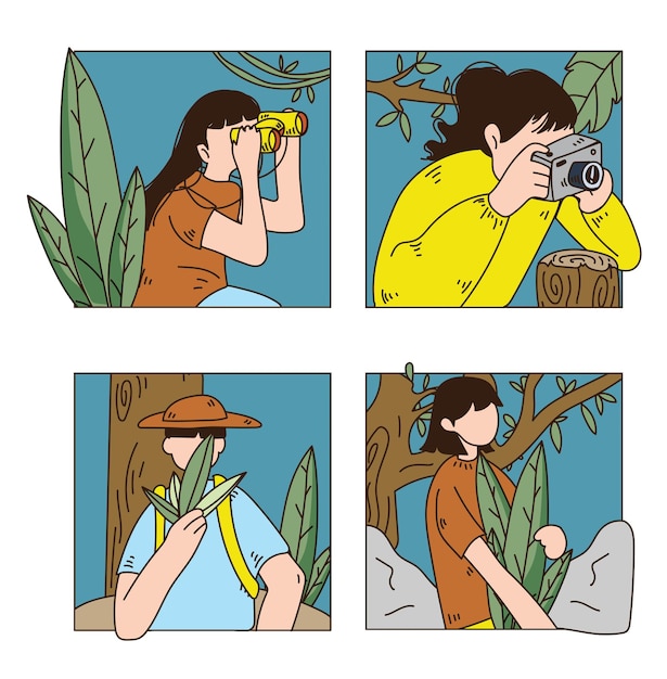 Tourist hiking people adventures taking a photo using binoculars in forest nature isolated on white background flat vector illustration