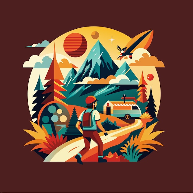 Tourist in the mountains Vector illustration in flat design style adventure t shirt design