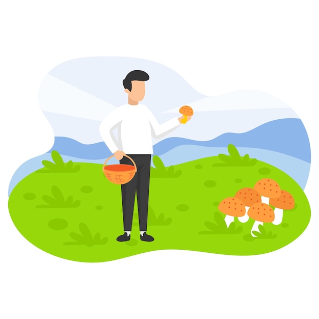 Tourist picking mushrooms from Garden Concept Autumn Season picking chanterelles fungus vector