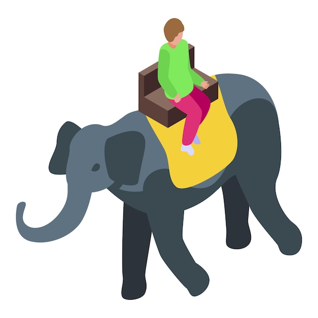 Vector tourist riding elephant with wooden seat isometric icon