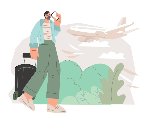 Tourist traveling on vacation by plane flat vector illustration isolated on white background Man traveler with a suitcase arriving or landing at airport