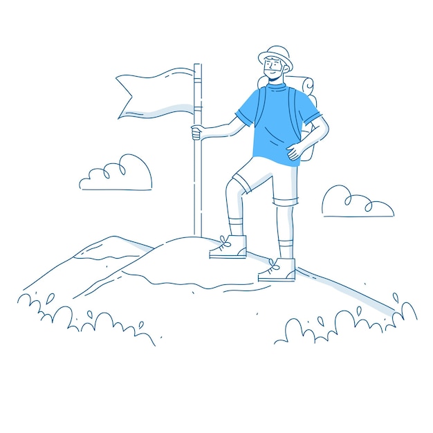 Tourist with backpack and climbing to the top of the mountain and holding the flag looking into the distance