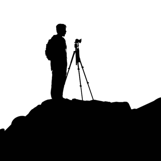 A tourist with a backpack photographing with mountains in the background