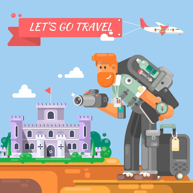 Tourist with a suitcase and a camera goes to the castle Photographer character with cameras taking photos Vector illustration