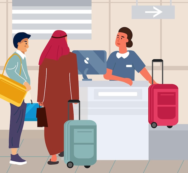 Tourists at airport check in luggage Travel by aircraft People hand over baggage before boarding airplane Multiethnic passengers waiting for departure in queue Vector illustration