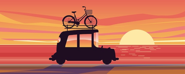 Tourists are equipped with equipment to carry bicycles on their cars to go on a scenic ride at tourist attractions. Flat vector illustration design