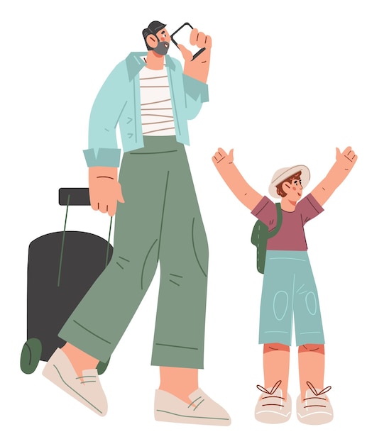 Tourists father and child traveling on vacation together flat vector illustration isolated on white background Family with backpack and suitcase traveling abroad or by plane train