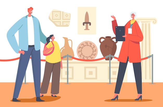 Vector tourists father with daughter visiting ancient history museum, watching old crockery, armor, weapon and vases with guide assistance. family education, tourism, hobby. cartoon vector illustration