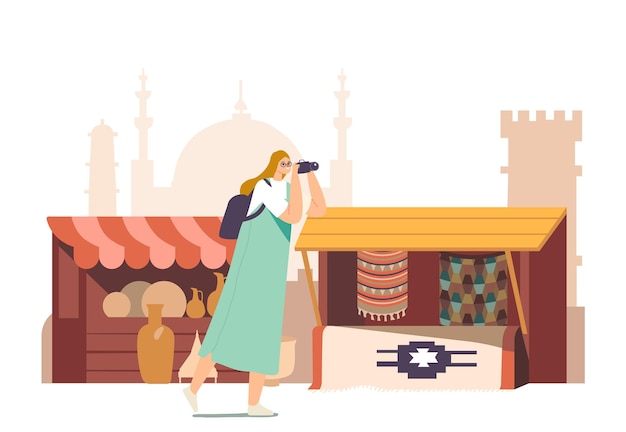 Vector tourists female character with photo camera visit arabic market concept