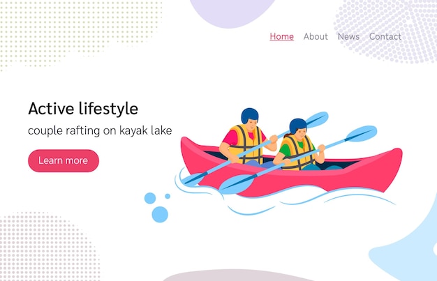 Vector tourists people group man woman couple water sport together paddling rafting on kayak lake