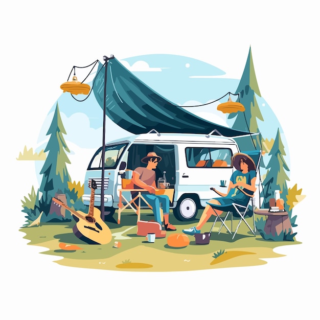 Tourists Resting at Camping Area Vector Illustration