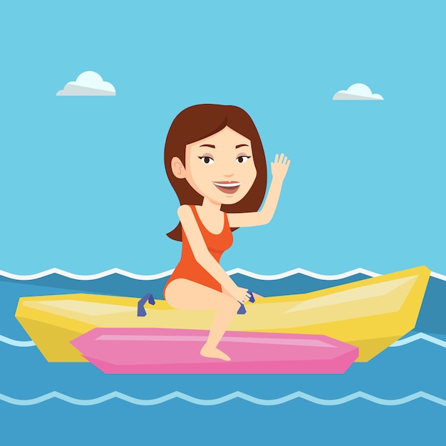 Tourists riding a banana boat illustration.