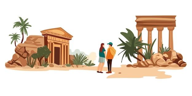 Vector tourists travel to ancient places look at the old ruins of civilization columns and stones man an