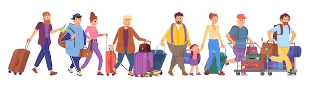 Tourists walking Backpacker go to airport people with luggage and bags walk to vacation Cartoon characters run to railway station decent vector scene