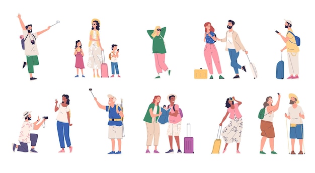 Vector tourists walking with suitcase happy tourism or backpacker walk with backpack and phone in adventure journey travelling character travel trip leisure classy vector illustration