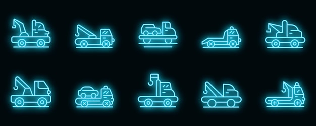 Tow truck icons set. Outline set of tow truck vector icons neon color on black