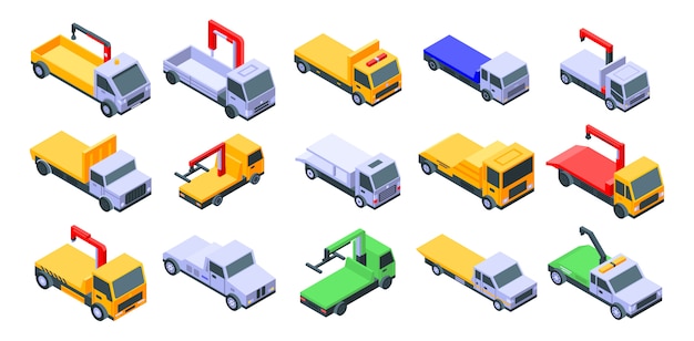 Tow truck set, isometric style