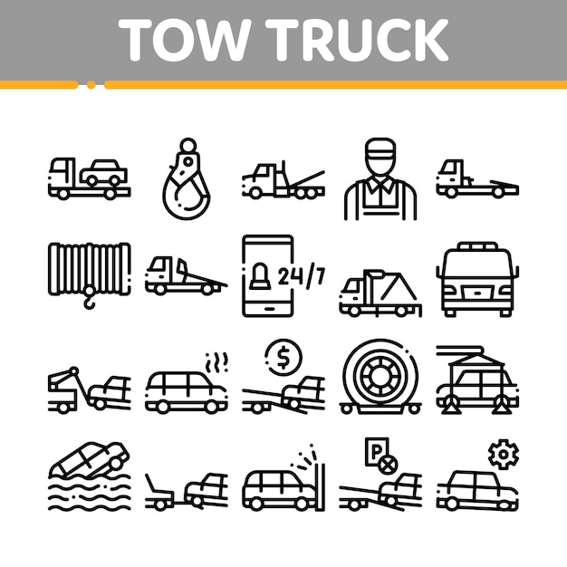 Tow Truck Transport Collection Icons Set