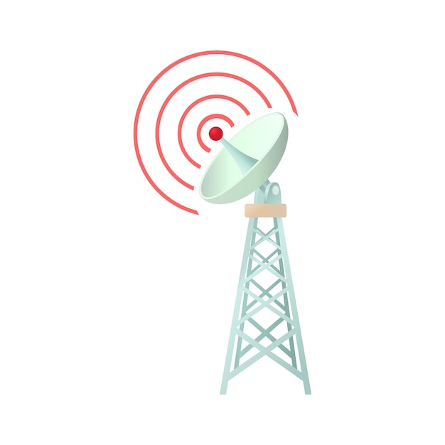 Tower with communication dish icon in cartoon style on a white background