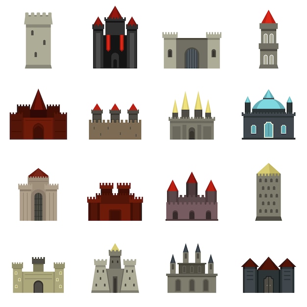 Towers and castles icons set in flat style