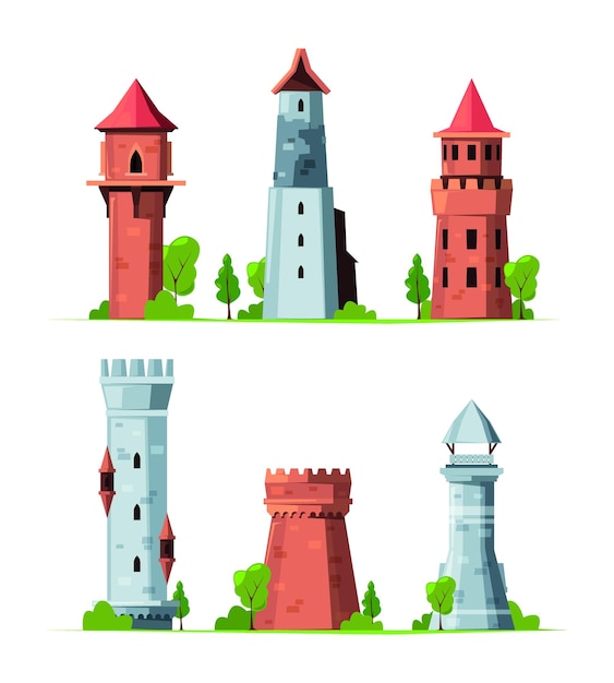 Towers Medieval fairytale castles fortress towers bastion in cartoon style garish vector illustrations templates