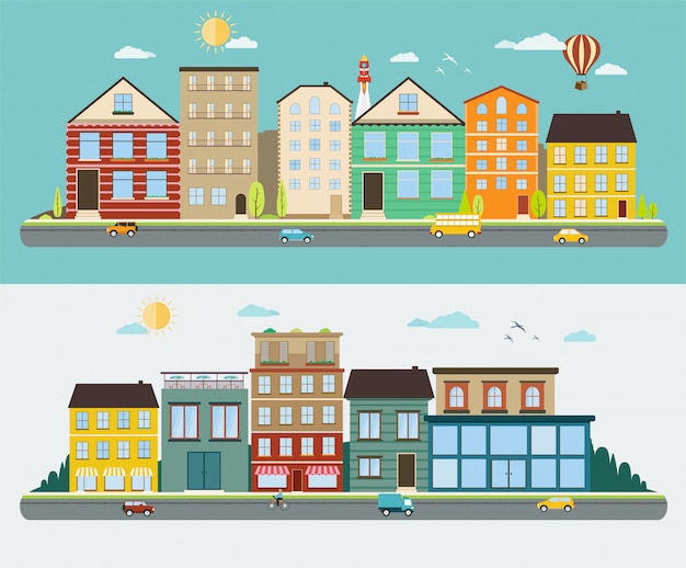 Town streets in a flat design, set of urban streetscapes