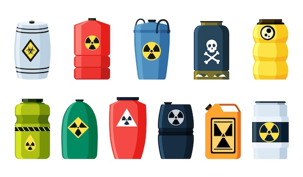 Toxic chemical barrels Steel tanks with radioactive waste Containers with oil drop crossbones radiation and biohazard icons in flat style Dangerous substance Storage of nuclear components