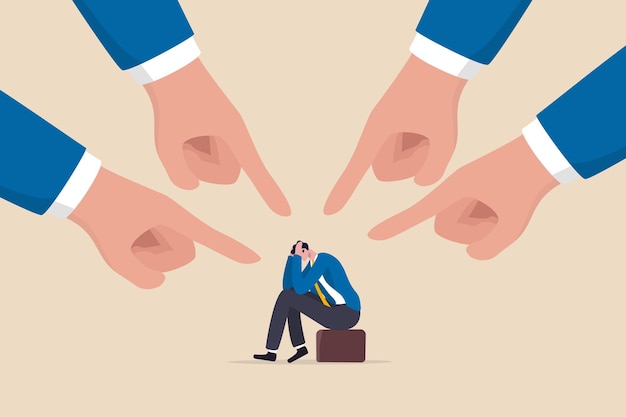 Toxic work abuse or bullying colleagues bad culture make exhausted depressed employee fear of failure and responsibility giant boss hands pointing and blaming at depressed businessman employee